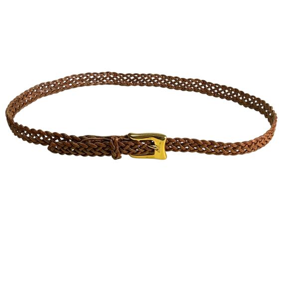 Vintage Cognac Brown Braided Leather Belt with Brass Buckle M/L - Picture 2 of 5